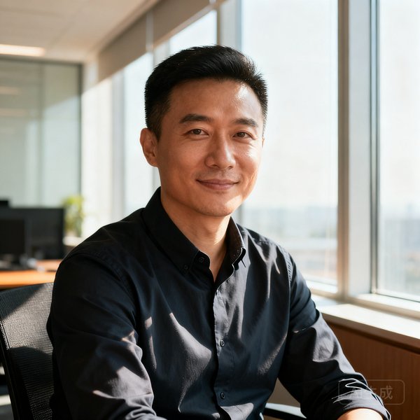 球探体育创始人陈志远，身穿深色衬衫在办公室窗前拍摄的半身肖像照，表情自信沉稳