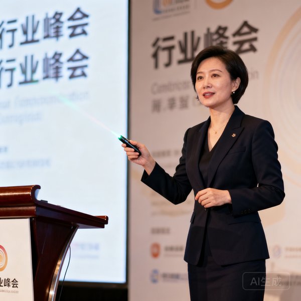 球探体育市场VP刘芳，在行业峰会上发表演讲的干练女性形象
